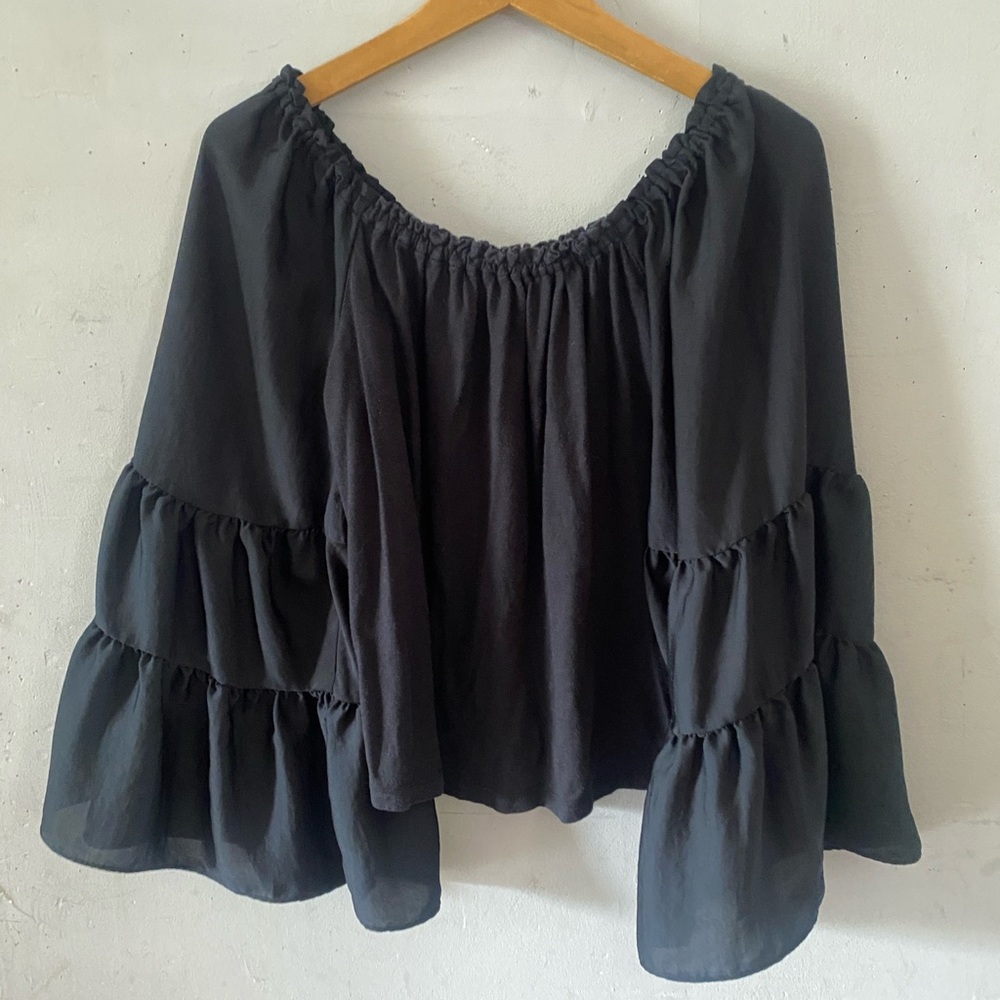 By Anthropologie black bell sleeve blouse boho size xsmall